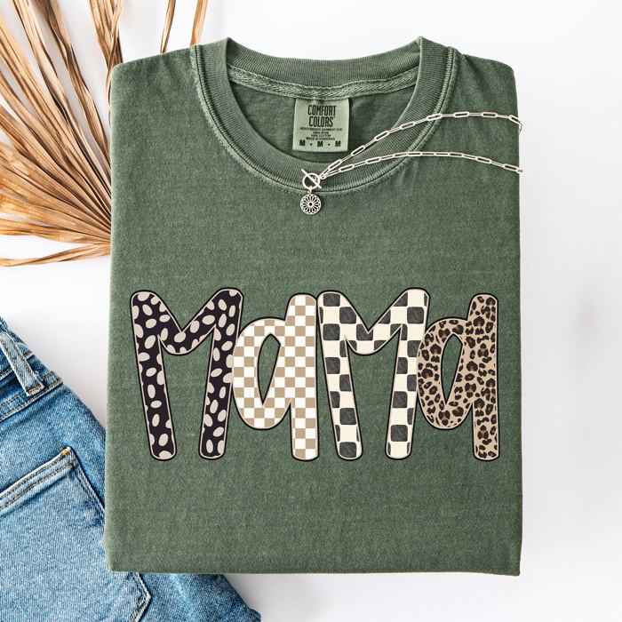 Mama Leopard Print Checkered Pattern Bold Everyday Mom Life Signature Comfort Colors Tee