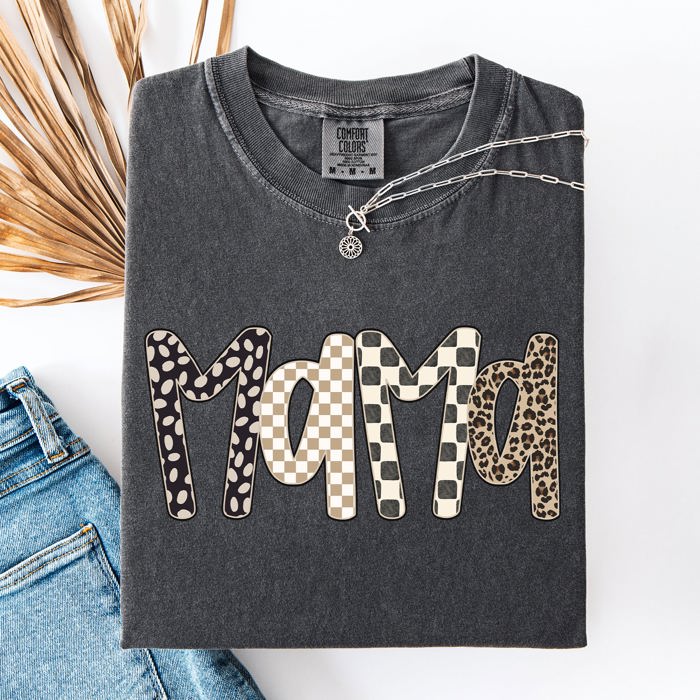 Mama Leopard Print Checkered Pattern Bold Everyday Mom Life Signature Comfort Colors Tee