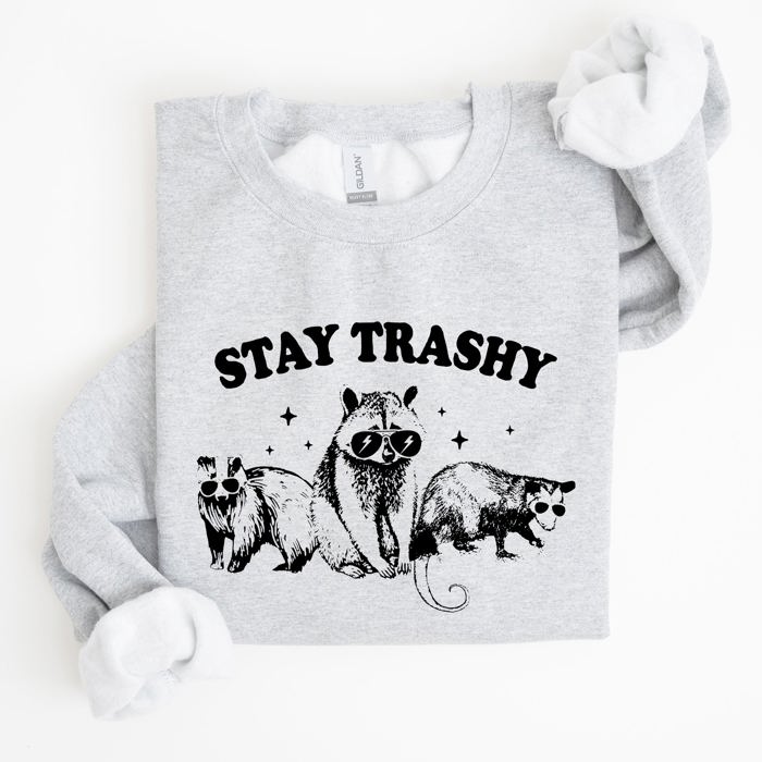 Stay Trashy Raccoon Possum Aesthetic Meme Funny Graphic Illustration Quote Pop Culture Style Sweatshirt