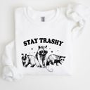 Large White Stay Trashy Raccoon Possum Aesthetic Meme Funny Graphic Illustration Quote Pop Culture Style Sweatshirt