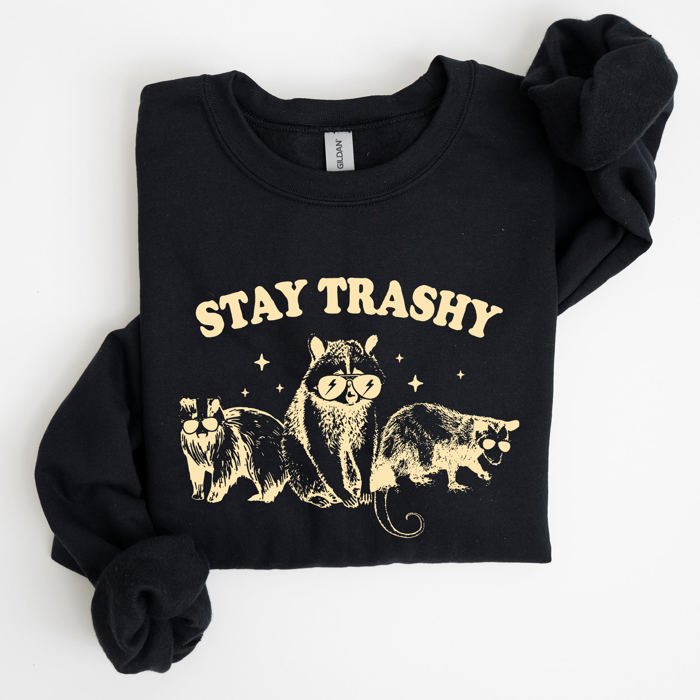 Stay Trashy Raccoon Possum Aesthetic Meme Funny Graphic Illustration Quote Pop Culture Style Sweatshirt