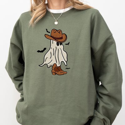 Mini Cowboy Ghost Hand-Drawn Western Fantasy Graphic Vintage Illustration Sweatshirt