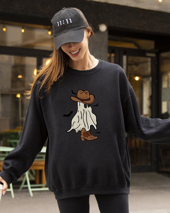 Mini Cowboy Ghost Hand-Drawn Western Fantasy Graphic Vintage Illustration Sweatshirt