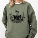 Medium Military Green Reading Skeleton Book Lover Retro Literary Cozy Bookish Gothic Illustration Graphic Sweatshirt