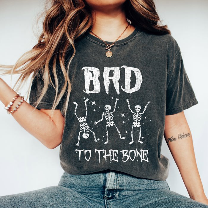 Bad To The Bone Funny Skeleton Retro Vintage Classic Rockabilly Design Elements Comfort Colors Tee