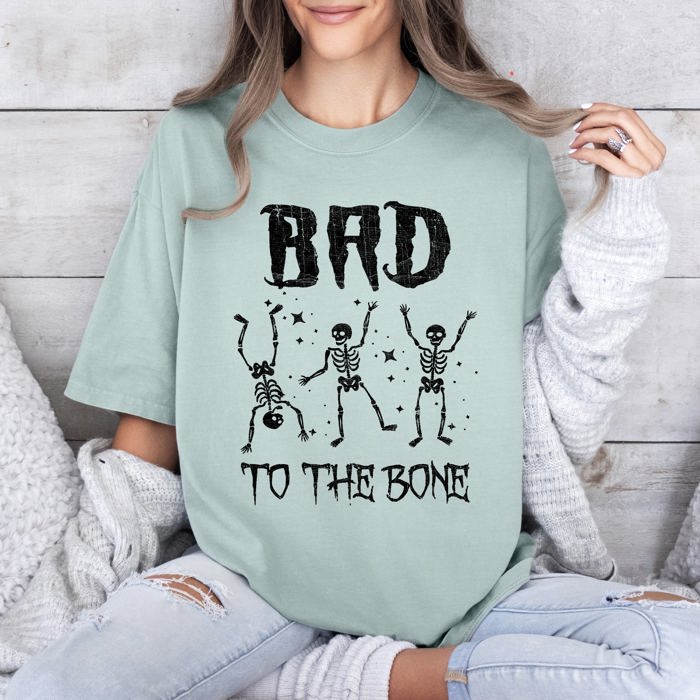 Bad To The Bone Funny Skeleton Retro Vintage Classic Rockabilly Design Elements Comfort Colors Tee