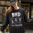 Medium Black Bad To The Bone Skeleton Vintage Retro Graphic Design Statement Rockabilly Gothic Style Sweatshirt