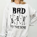 Medium Ash Light Gray Bad To The Bone Skeleton Vintage Retro Graphic Design Statement Rockabilly Gothic Style Sweatshirt