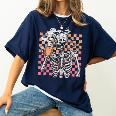 Coffee Lover Skeleton Checkered Mom Retro Aesthetic Vintage Inspired Comfort Colors Tee