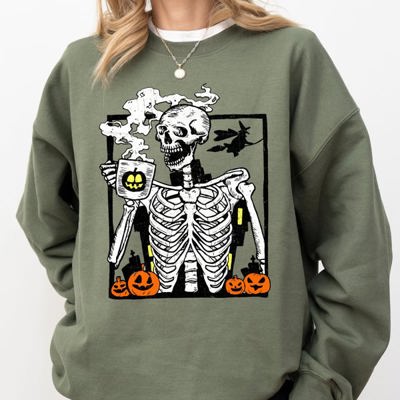 Coffee Lover Skeleton Witch Aesthetic Meme Halloween Spooky Costume Deluxe Sweatshirt