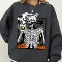 Large Dark Gray Heather Coffee Lover Skeleton Witch Aesthetic Meme Halloween Spooky Costume Deluxe Sweatshirt