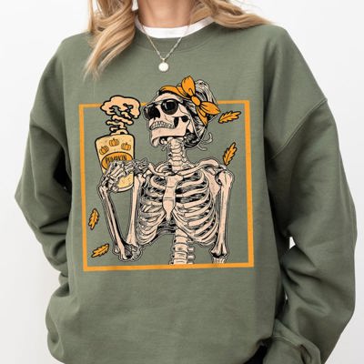 Coffee Lover Skeleton Lady Mom Retro Vintage Gothic Grunge Moody Nighttime Coffee Art Chic Edgy Sweatshirt