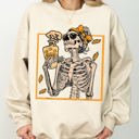 Large Sand Coffee Lover Skeleton Lady Mom Retro Vintage Gothic Grunge Moody Nighttime Coffee Art Chic Edgy Sweatshirt