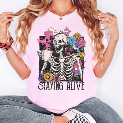 Staying Alive Floral Skeleton Mom Retro Vintage Artwork Print Comfort Colors Tee