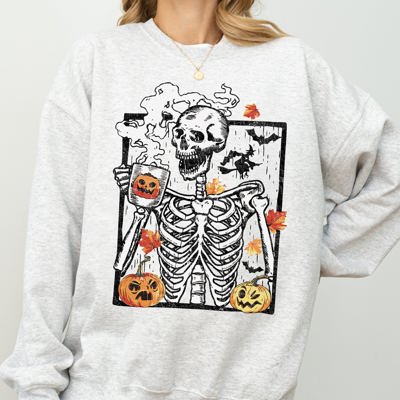 Skeleton Coffee Pumpkin Witch Meme Aesthetic Halloween Spooky Costume Classic Sweatshirt