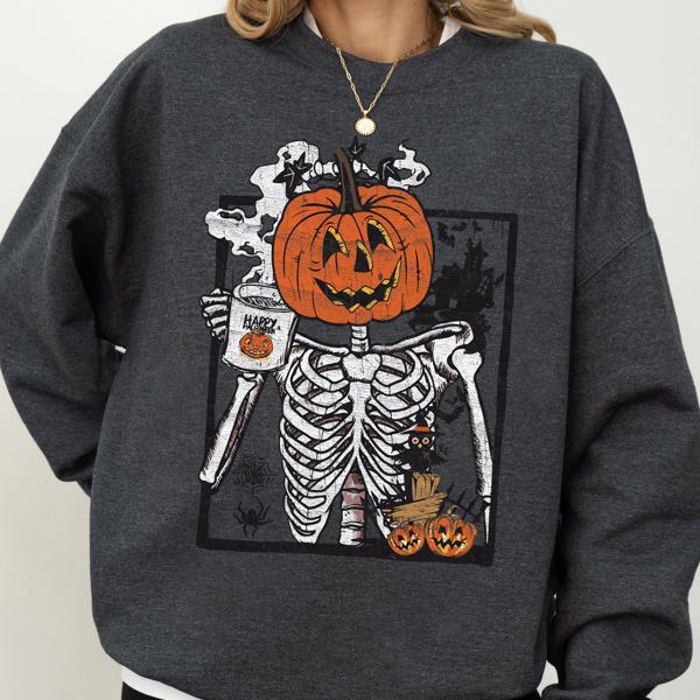Pumpkin Head Skeleton Coffee Witch Aesthetic Meme Halloween Spooky Costume Sweatshirt