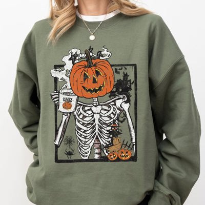 Pumpkin Head Skeleton Coffee Witch Aesthetic Meme Halloween Spooky Costume Sweatshirt