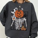 Small Dark Gray Heather Pumpkin Head Skeleton Coffee Witch Aesthetic Meme Halloween Spooky Costume Sweatshirt