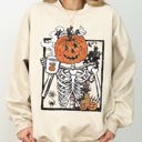 Medium Sand Pumpkin Head Skeleton Coffee Witch Aesthetic Meme Halloween Spooky Costume Sweatshirt
