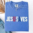XXL Flo Blue Jesus Saves USA Patriotic Independence Day America Gospel Message Comfort Colors Tee