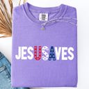 Large Violet Purple Jesus Saves USA Patriotic Independence Day America Gospel Message Comfort Colors Tee