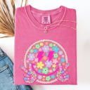 Small Crunchberry Pink Pastel Retro Smiley Face Bolts Beach Ready Vacation Sunshine Summer Fun Comfort Colors Tee