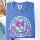 Large Flo Blue Pastel Retro Smiley Face Bolts Beach Ready Vacation Sunshine Summer Fun Comfort Colors Tee