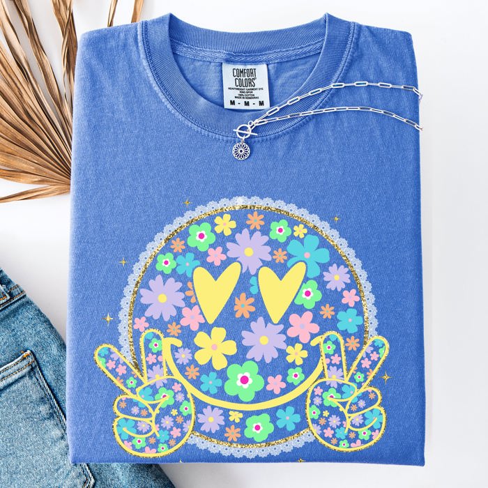 Pastel Retro Smiley Face Hearts Beach Ready Vacation Sunshine Summer Fun Comfort Colors Tee