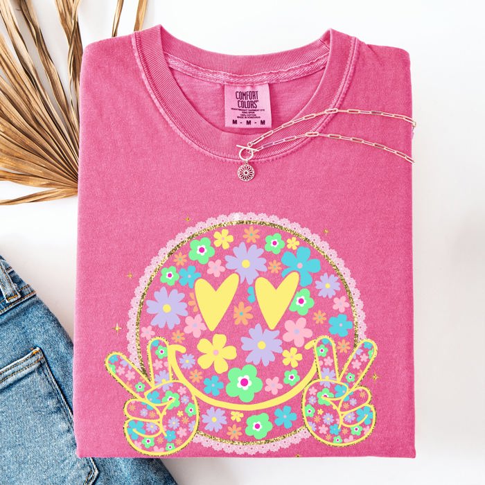 Pastel Retro Smiley Face Hearts Beach Ready Vacation Sunshine Summer Fun Comfort Colors Tee