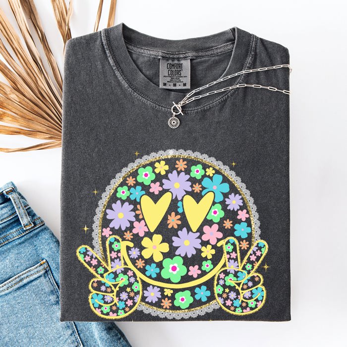 Pastel Retro Smiley Face Hearts Beach Ready Vacation Sunshine Summer Fun Comfort Colors Tee