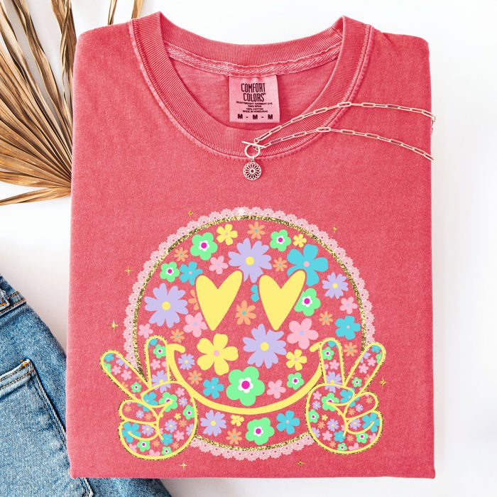 Pastel Retro Smiley Face Hearts Beach Ready Vacation Sunshine Summer Fun Comfort Colors Tee