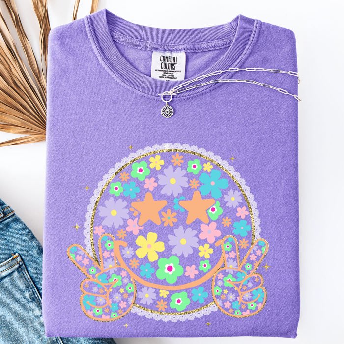 Pastel Retro Smiley Face Stars Beach Ready Vacation Sunshine Summer Fun Comfort Colors Tee
