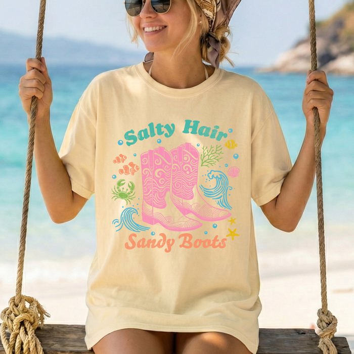 Salty Hair, Sandy Boots, Cowboy Beach Ready Vacation Sunshine Summer Fun Comfort Colors Tee