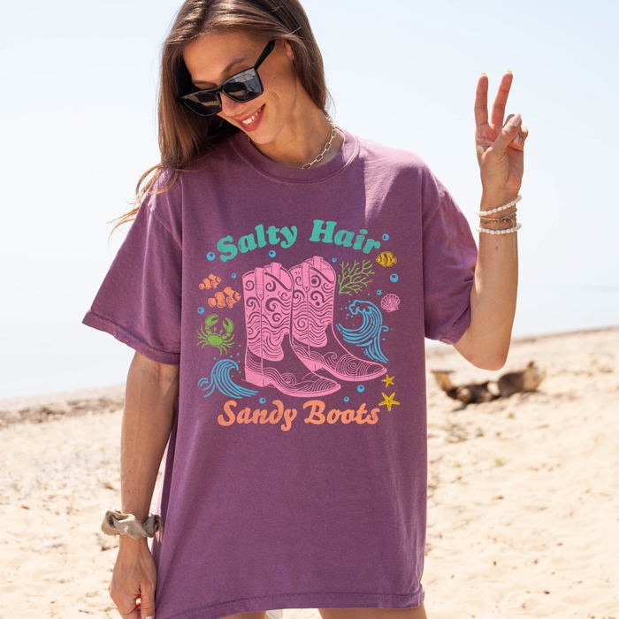 Salty Hair, Sandy Boots, Cowboy Beach Ready Vacation Sunshine Summer Fun Comfort Colors Tee