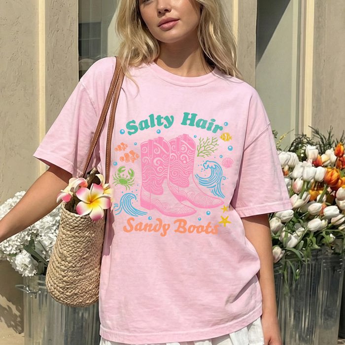 Salty Hair, Sandy Boots, Cowboy Beach Ready Vacation Sunshine Summer Fun Comfort Colors Tee