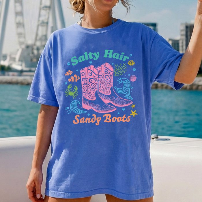 Salty Hair, Sandy Boots, Cowboy Beach Ready Vacation Sunshine Summer Fun Comfort Colors Tee