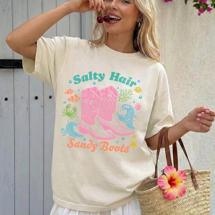 Salty Hair, Sandy Boots, Cowboy Beach Ready Vacation Sunshine Summer Fun Comfort Colors Tee