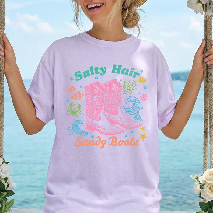 Salty Hair, Sandy Boots, Cowboy Beach Ready Vacation Sunshine Summer Fun Comfort Colors Tee