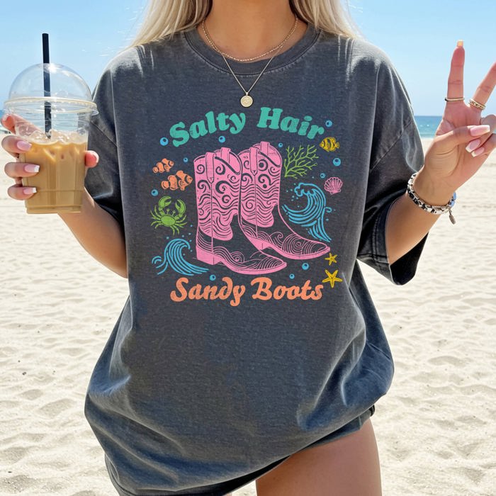 Salty Hair, Sandy Boots, Cowboy Beach Ready Vacation Sunshine Summer Fun Comfort Colors Tee