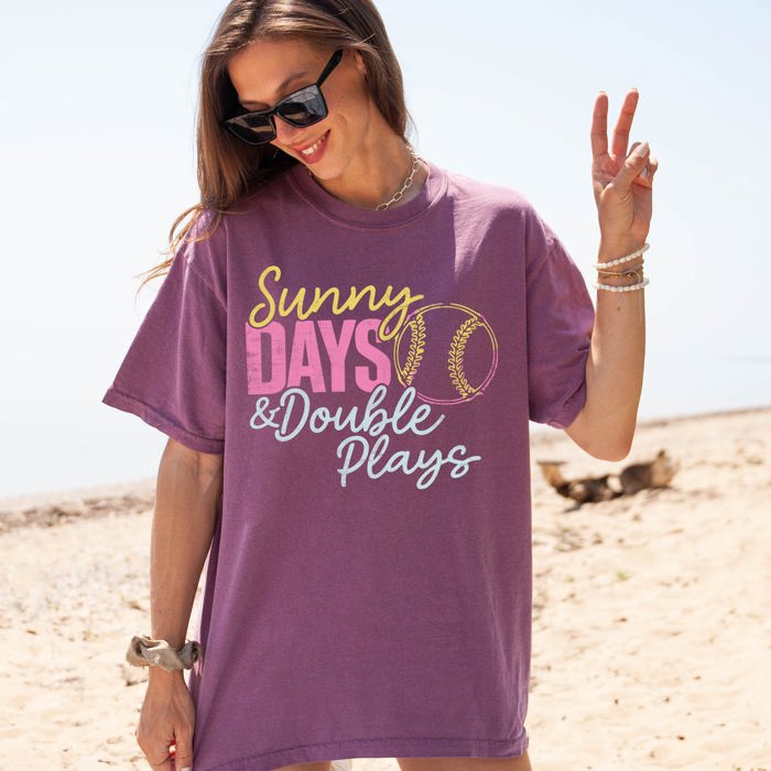 Sunny Days And Double Plays Baseball Mom Life Graphic Print Design Comfort Colors Tee