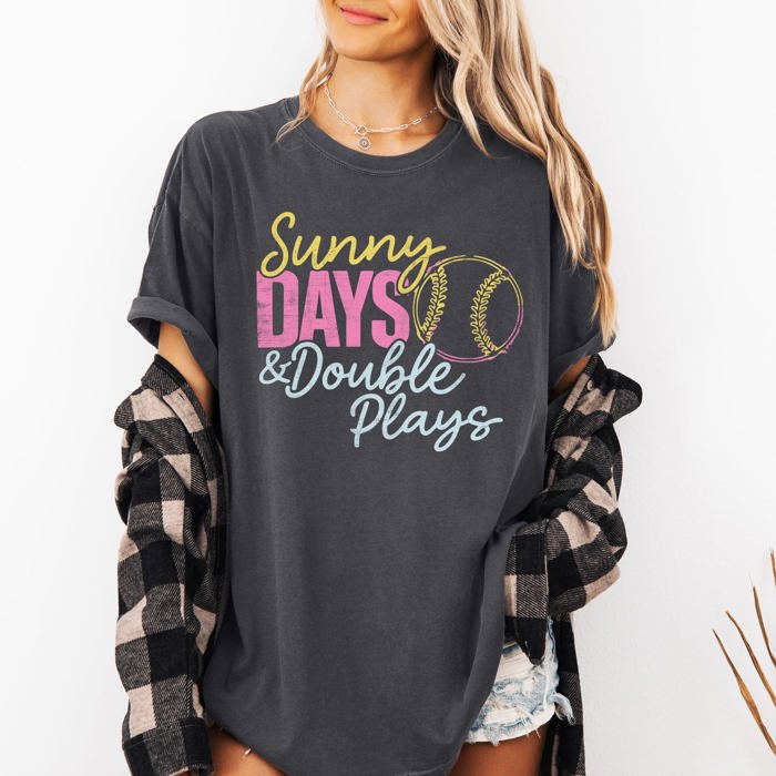 Sunny Days And Double Plays Baseball Mom Life Graphic Print Design Comfort Colors Tee