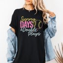 Large Black Sunny Days And Double Plays Baseball Mom Life Graphic Print Design Comfort Colors Tee