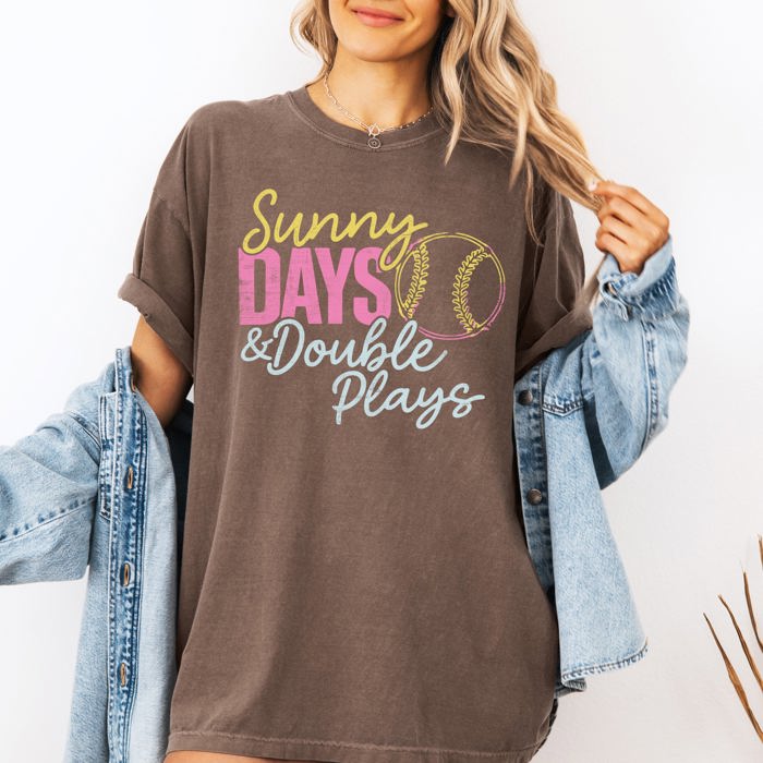 Sunny Days And Double Plays Baseball Mom Life Graphic Print Design Comfort Colors Tee