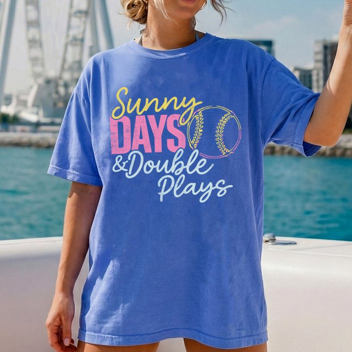Sunny Days And Double Plays Baseball Mom Life Graphic Print Design Comfort Colors Tee