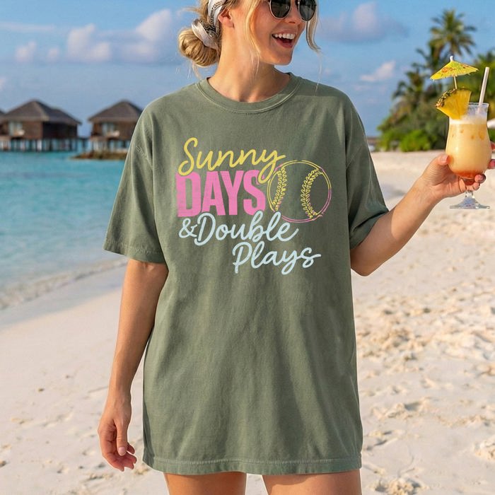 Sunny Days And Double Plays Baseball Mom Life Graphic Print Design Comfort Colors Tee