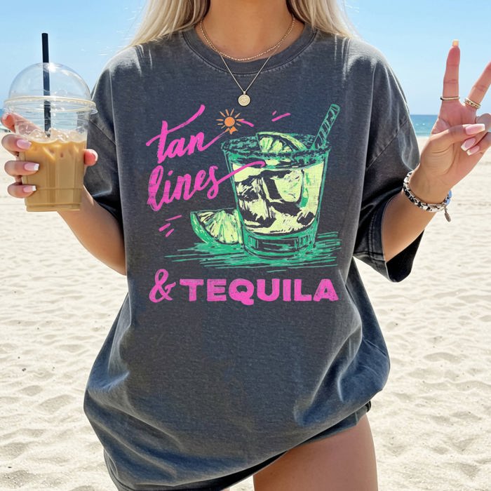 Tan Lines And Tequila Margarita Beach Ready Vacation Sunshine Summer Fun Comfort Colors Tee