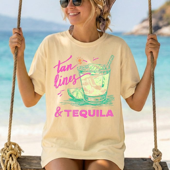 Tan Lines And Tequila Margarita Beach Ready Vacation Sunshine Summer Fun Comfort Colors Tee