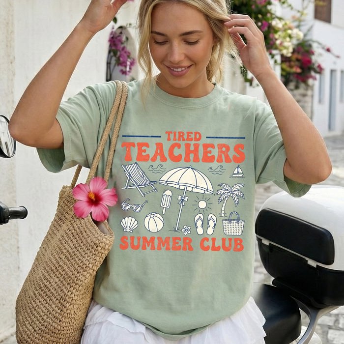 Tired Teachers Summer Club Beach Ready Vacation Sunshine Summer Fun Comfort Colors Tee