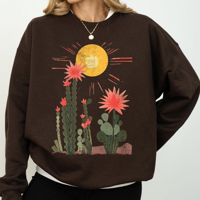 Desert Cactus Sun Succulent Western Plants Southwest Themed Outdoor Adventure Print Sweatshirt