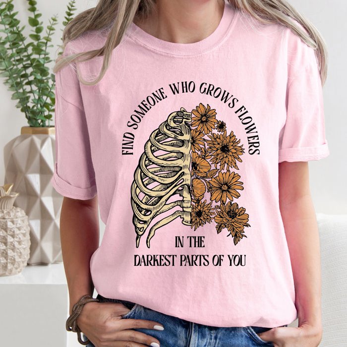 Find Someone Who Grows Flowers Skeleton Cowgirl Graphic Illustration Comfort Colors Tee
